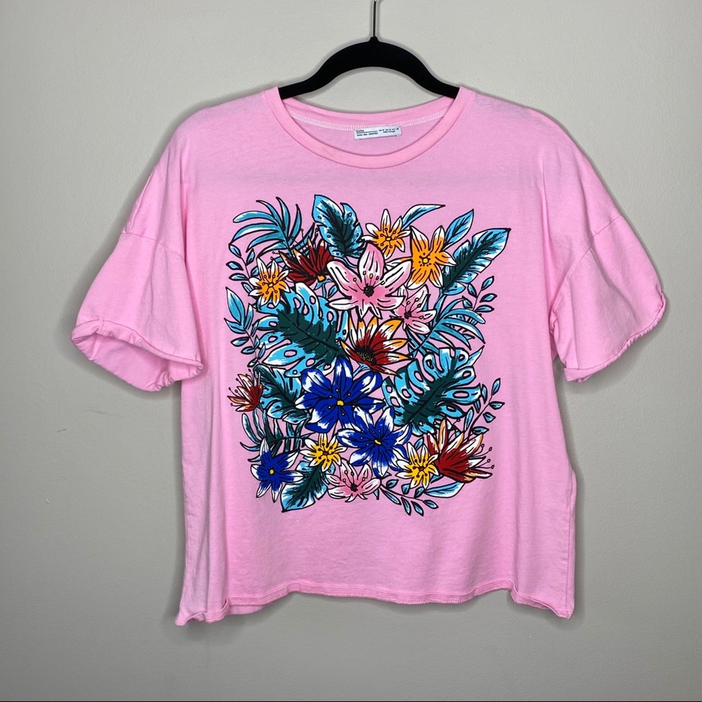 Zara Graphic Floral Print Pink Boxy Classic Tee M - Picture 2 of 6